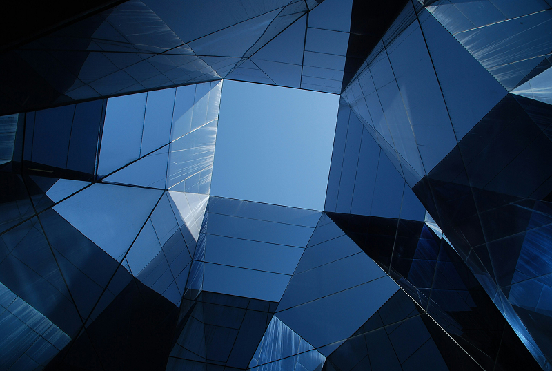 An abstract blue roof of a building